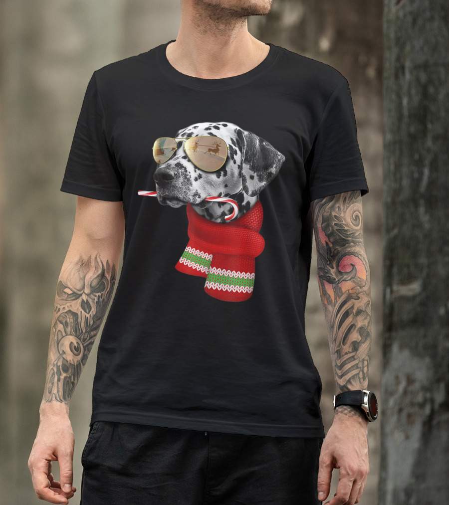 Dalmatian Christmas Dog With Candy Cane And Santa Sunglasses T-Shirt