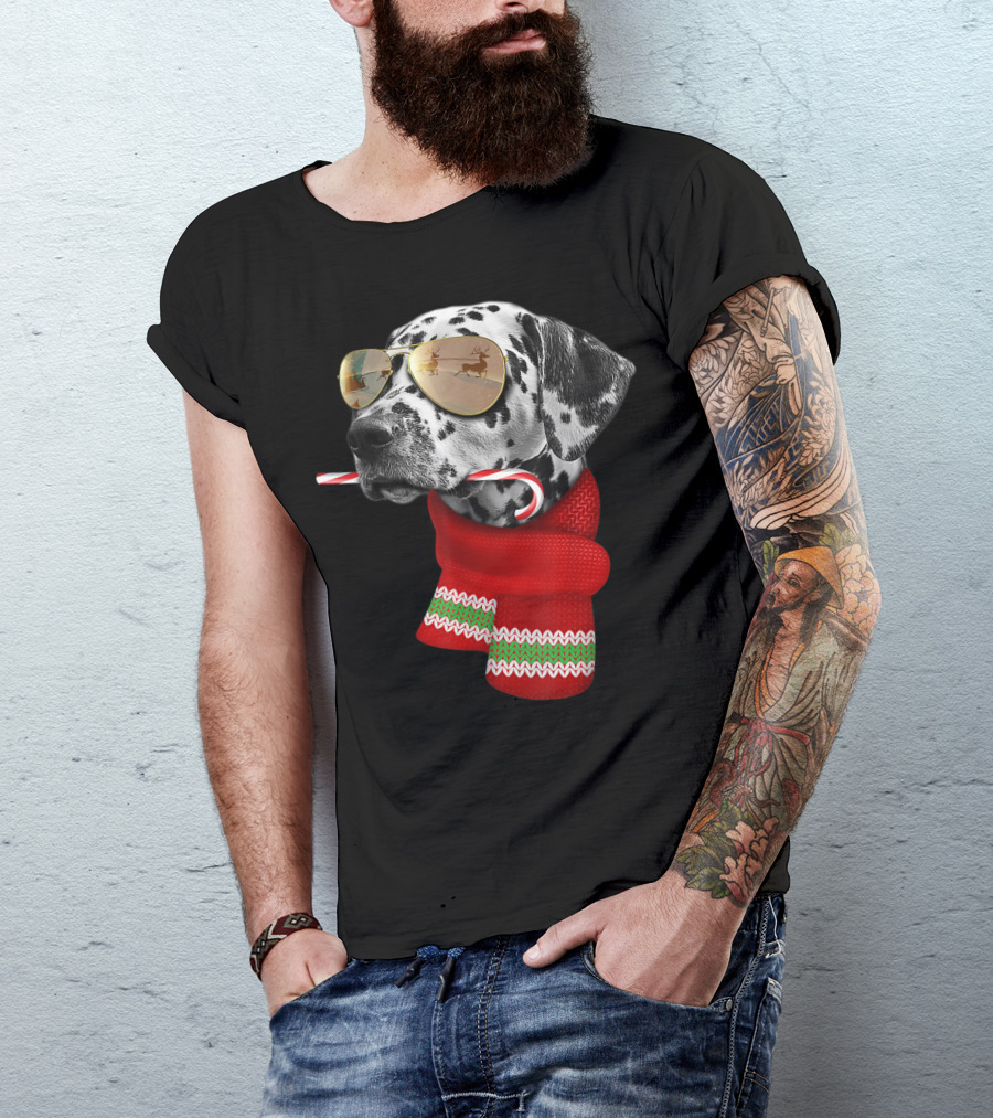 Dalmatian Christmas Dog With Candy Cane And Santa Sunglasses T-Shirt