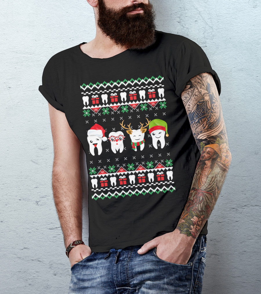 Dentist Ugly Christmas Teeth Santa Reindeer Glasses T-Shirt