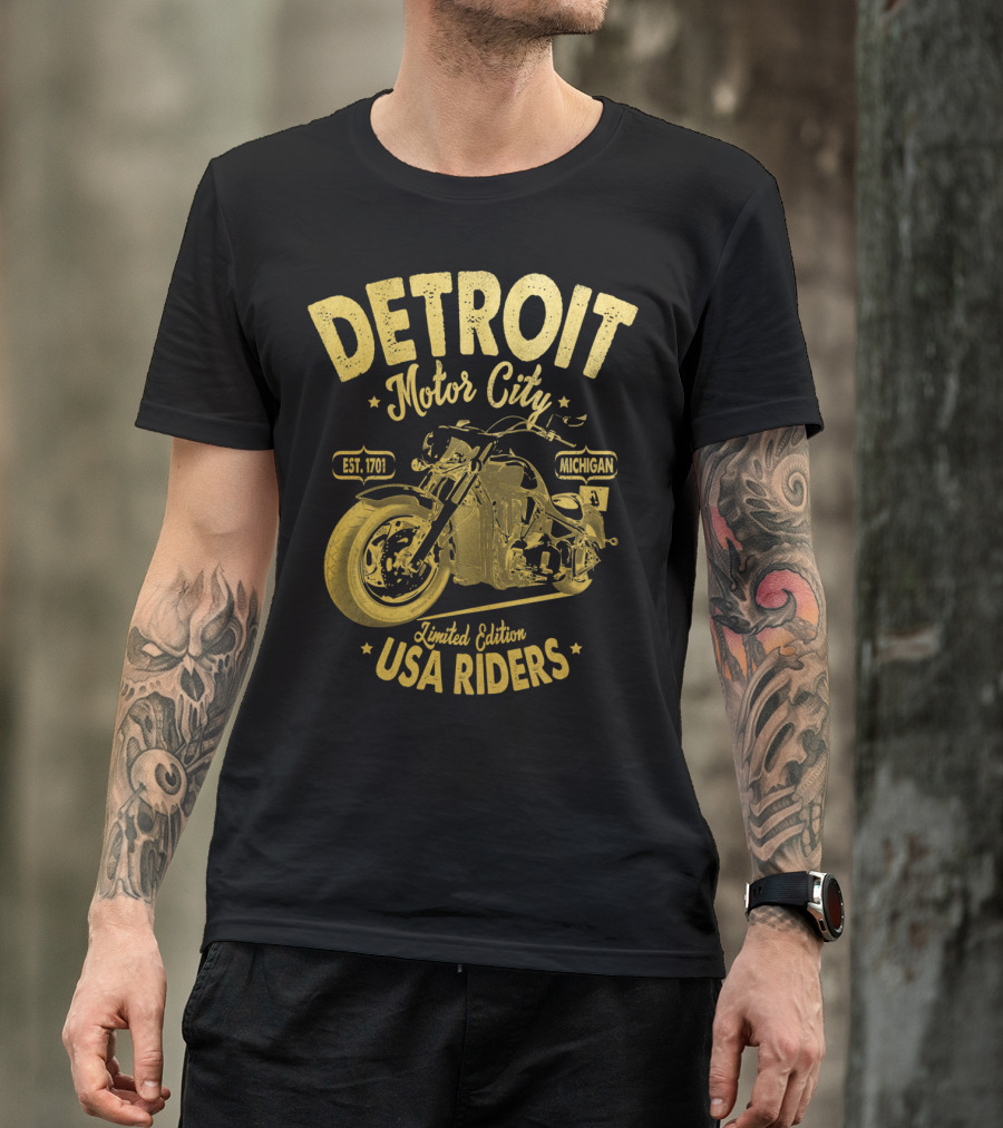 Detroit Motor City Michigan Est. 1701 USA Riders Gold Vintage T-Shirt