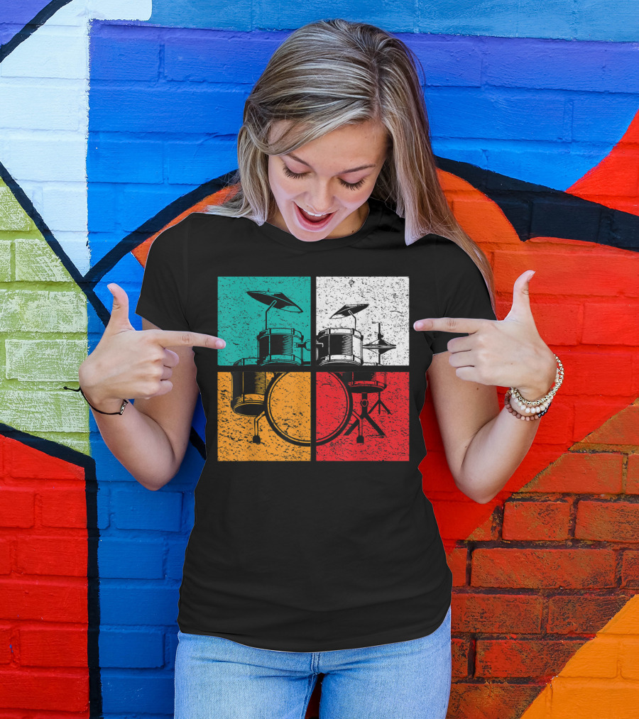 Drummer Drums Band Drumset Colorful Pop Art Squares T-Shirt