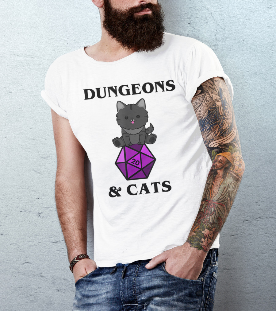 Dungeons And Cats Nerdy RPG Cat Sitting On D20 Dice T-Shirt