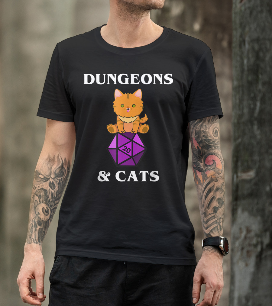 Dungeons And Cats Orange Cat On Purple D20 Dice T-Shirt
