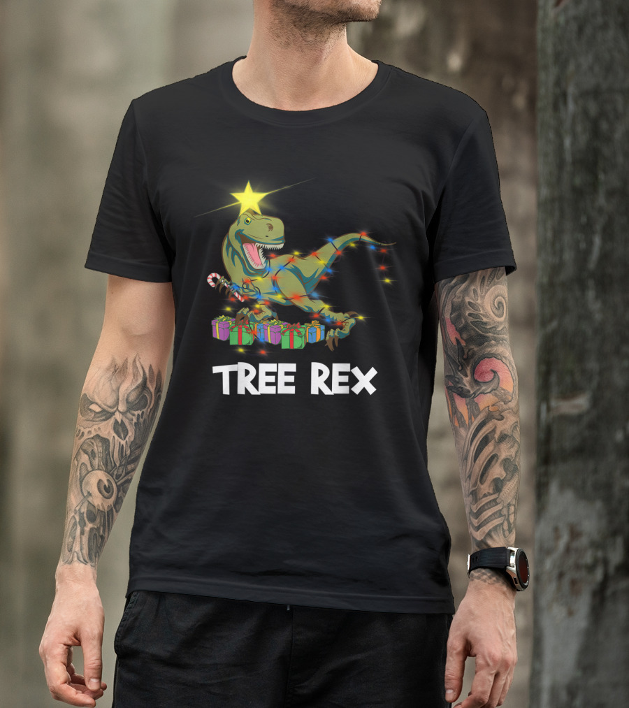 Tree Rex Christmas Dinosaur With Star And Gift Lights T-Shirt