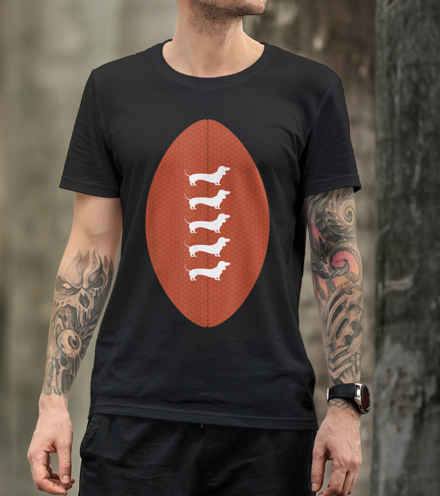 Funny Dachshund Wiener Dog Football Oval Five White Silhouettes On Textured Brown Background T-Shirt
