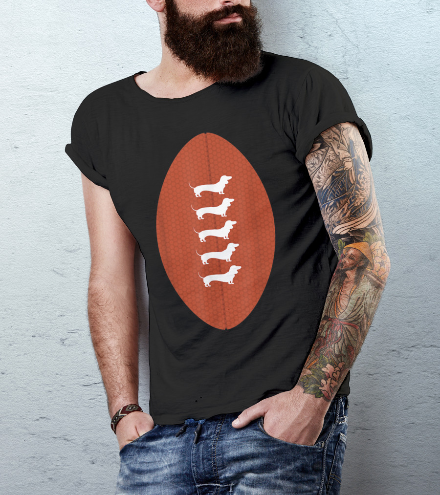 Funny Dachshund Wiener Dog Football Oval Five White Silhouettes On Textured Brown Background T-Shirt