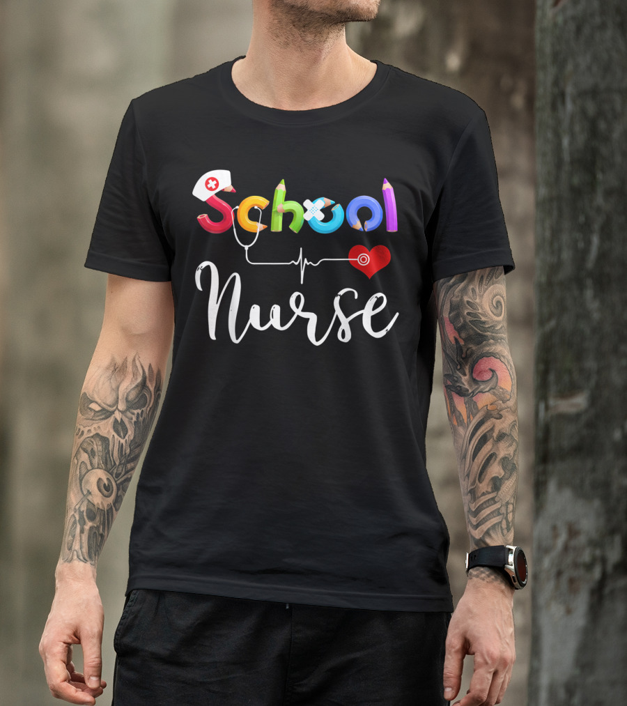 School Nurse Colorful Pencil Heartbeat T-Shirt