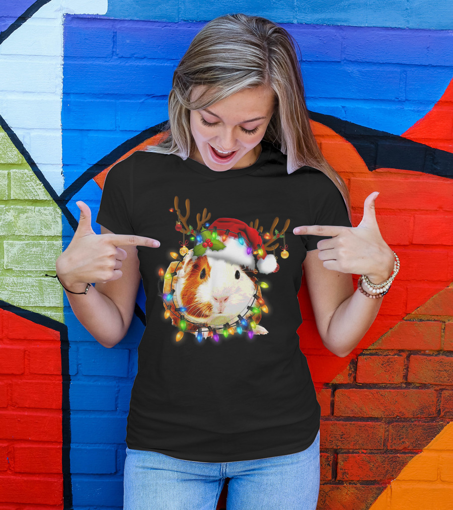 Guinea Pig With Christmas Lights And Reindeer Antlers In Santa Hat T-Shirt