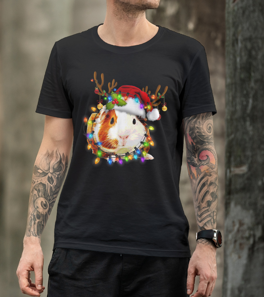 Guinea Pig With Christmas Lights And Reindeer Antlers In Santa Hat T-Shirt