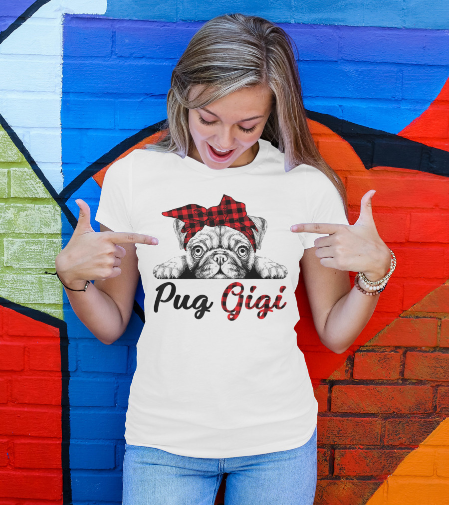 Pug Gigi Red Plaid Headband T-Shirt