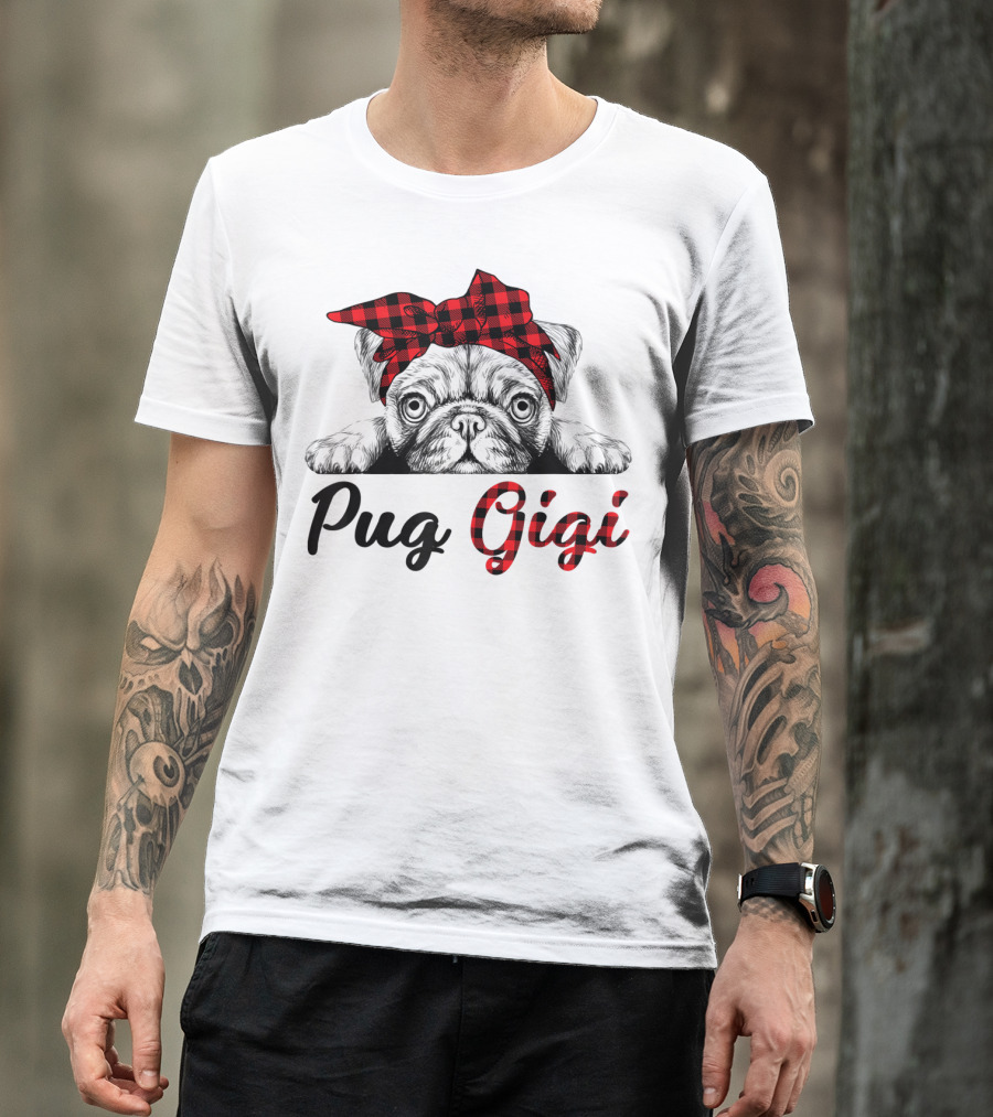 Pug Gigi Red Plaid Headband T-Shirt