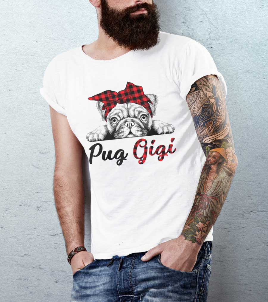 Pug Gigi Red Plaid Headband T-Shirt