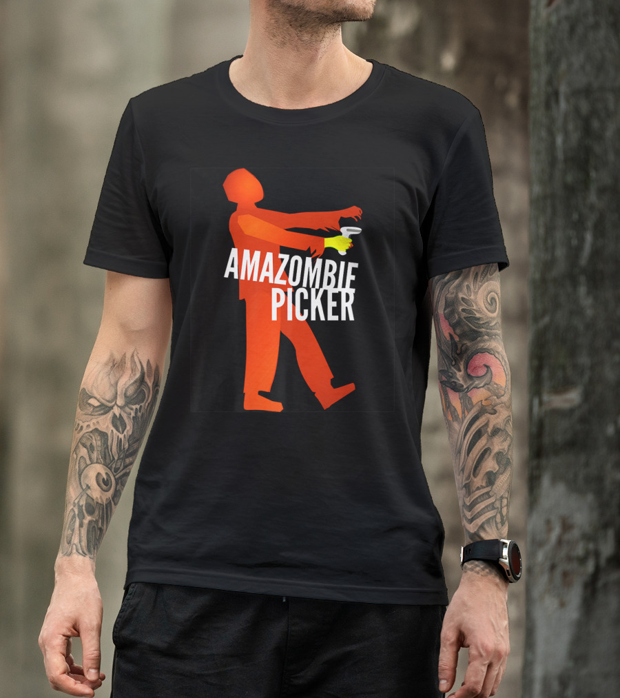 Amazombie Picker Walking Zombie Silhouette With Coffee Cup T-Shirt