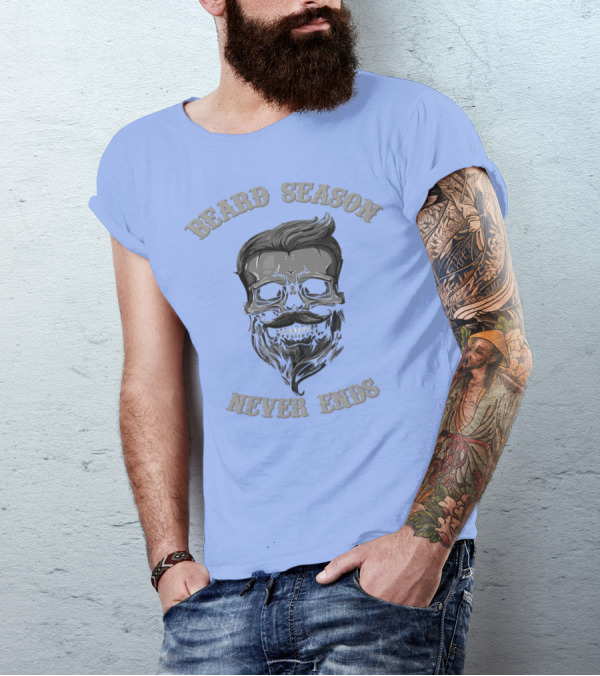 Beard Season Never Ends Skull With Mustache And Hair T-Shirt