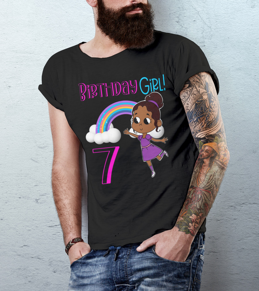 Birthday Girl 7 African American With Rainbow And Dancing Child T-Shirt