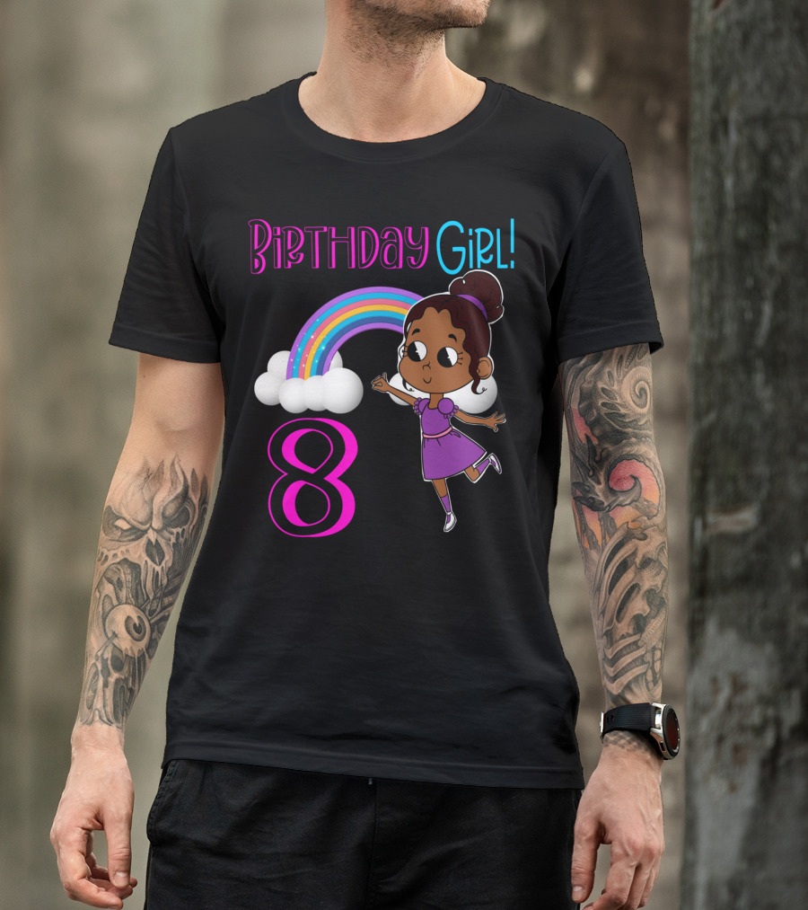 Birthday Girl 8 Rainbow Celebration With African American Cartoon Kid T-Shirt