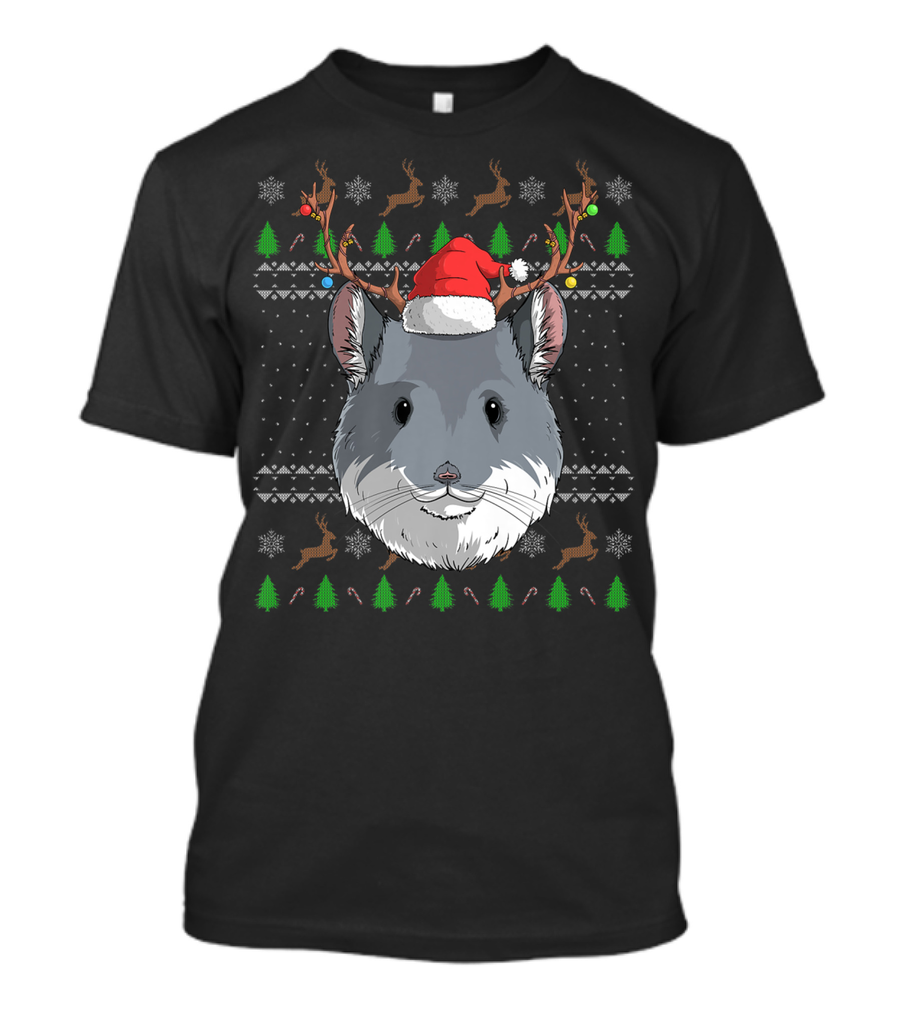 Chinchilla With Santa Hat And Reindeer Antlers Christmas T-Shirt
