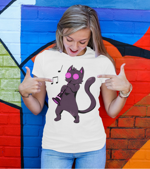 Clarinet Playing Cool Cat Hippy Hipster Kitty With Sunglasses T-Shirt