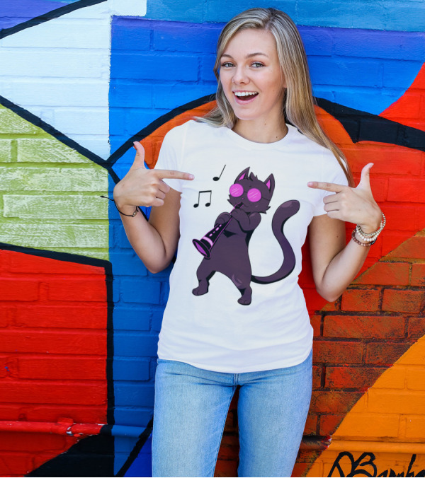 Clarinet Playing Cool Cat Hippy Hipster Kitty With Sunglasses T-Shirt