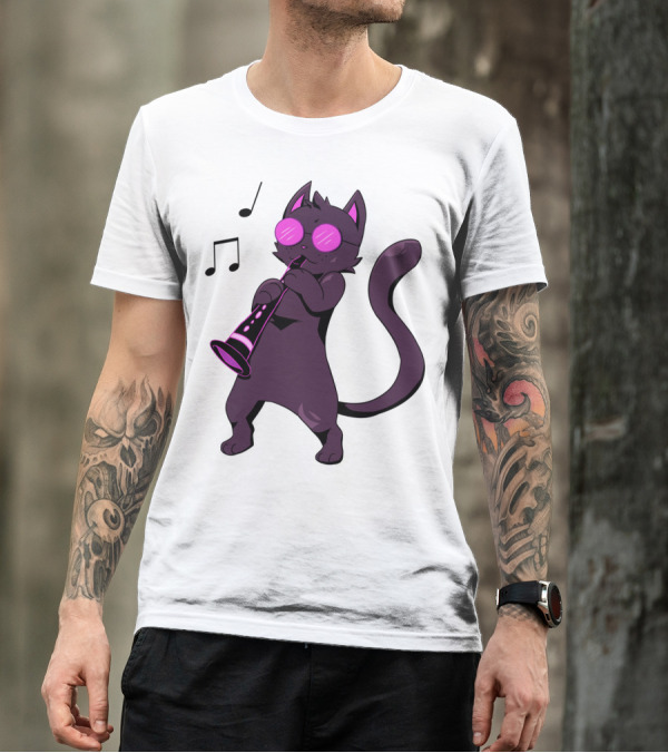 Clarinet Playing Cool Cat Hippy Hipster Kitty With Sunglasses T-Shirt