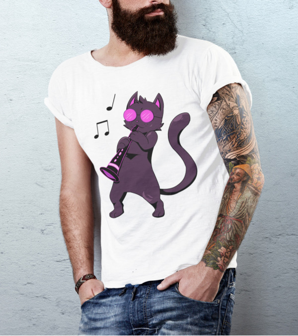 Clarinet Playing Cool Cat Hippy Hipster Kitty With Sunglasses T-Shirt