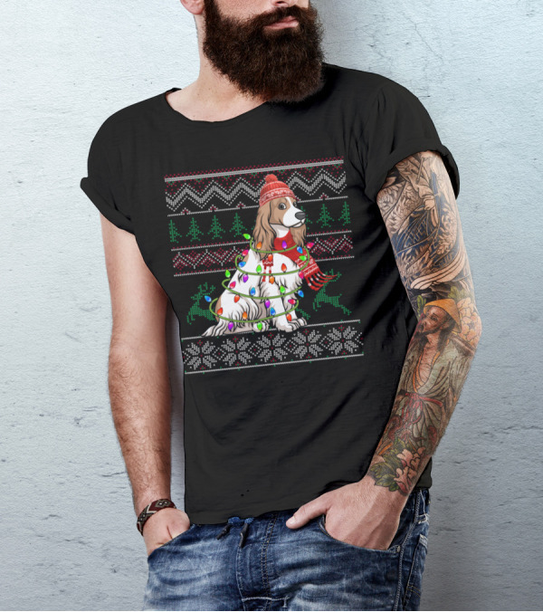 Cocker Spaniel Holiday Sweater With Christmas Lights And Reindeer T-Shirt