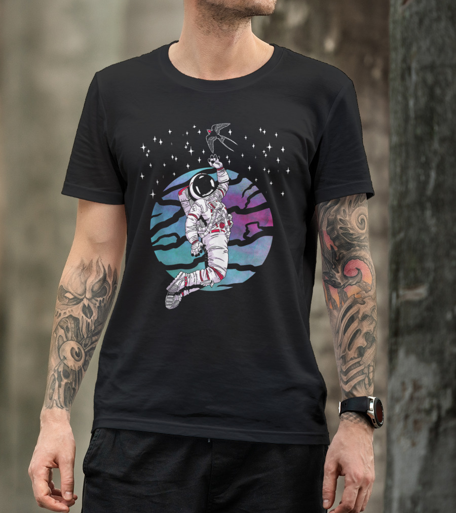 Cosmic Apparition Astronaut Reaches For Celestial Bird In Starry Universe T-Shirt