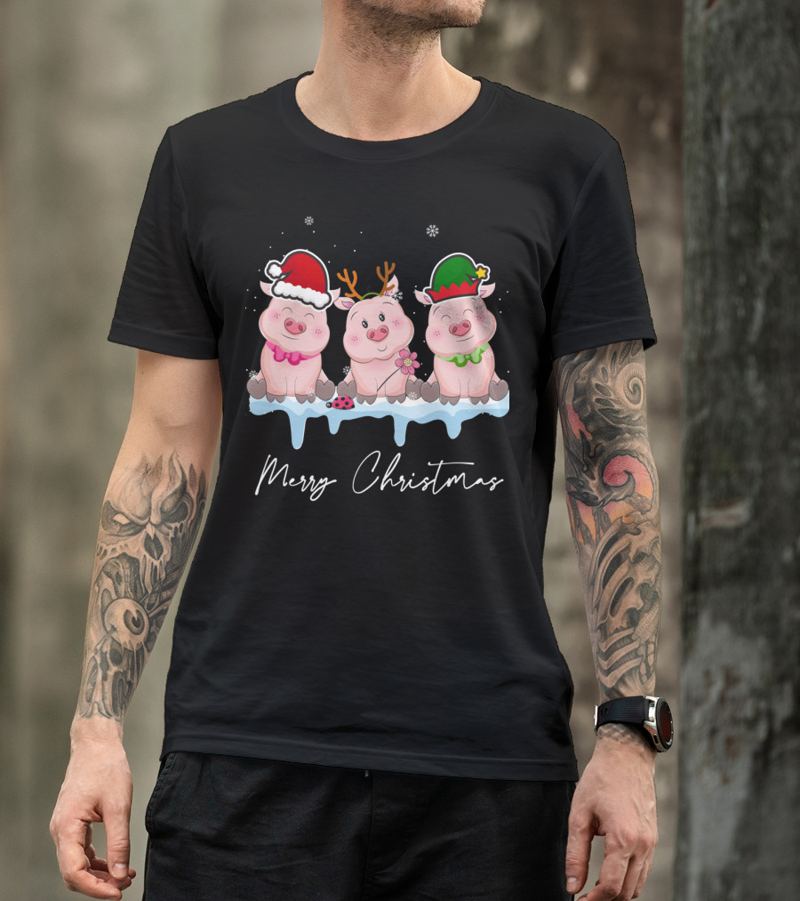 Merry Christmas Cute Pig Santa Hat Xmas Holiday Trio T-Shirt