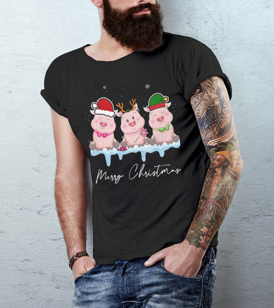 Merry Christmas Cute Pig Santa Hat Xmas Holiday Trio T-Shirt