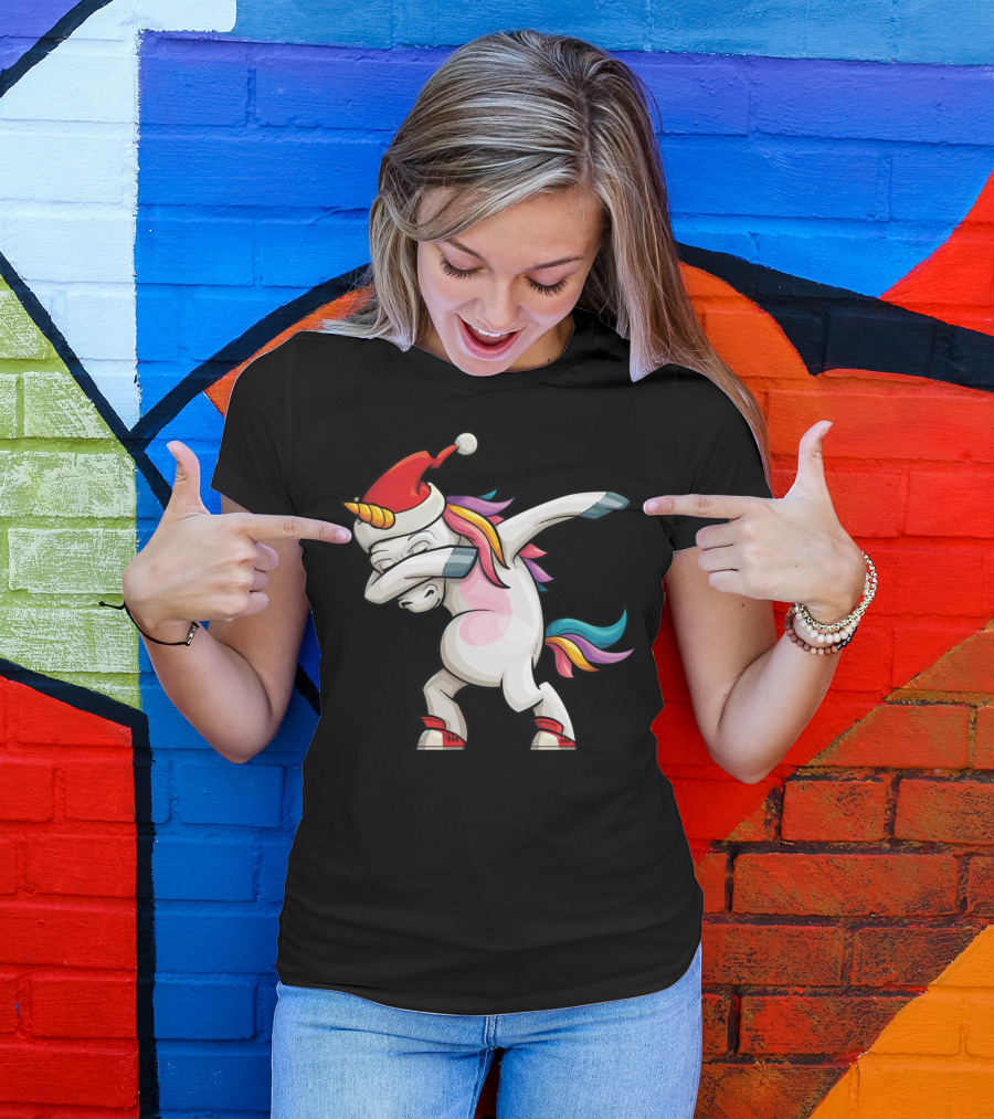 Dabbing Santacorn Xmas Funny Santa Unicorn Rainbow Mane Santa Hat T-Shirt