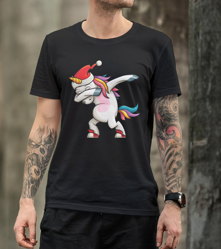 Dabbing Santacorn Xmas Funny Santa Unicorn Rainbow Mane Santa Hat T-Shirt