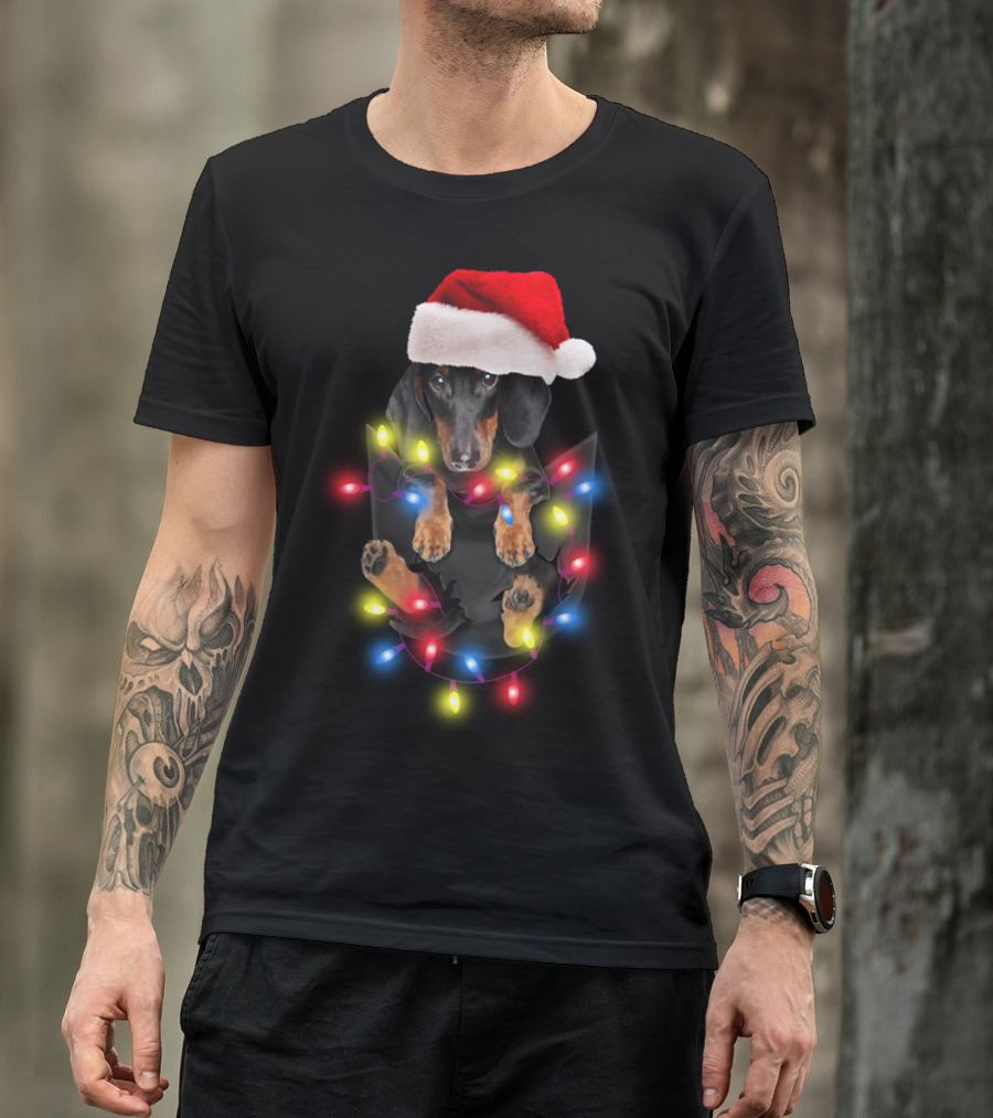 Dachshund Santa Hat Christmas Lights In Pocket Festive Holiday Puppy T-Shirt