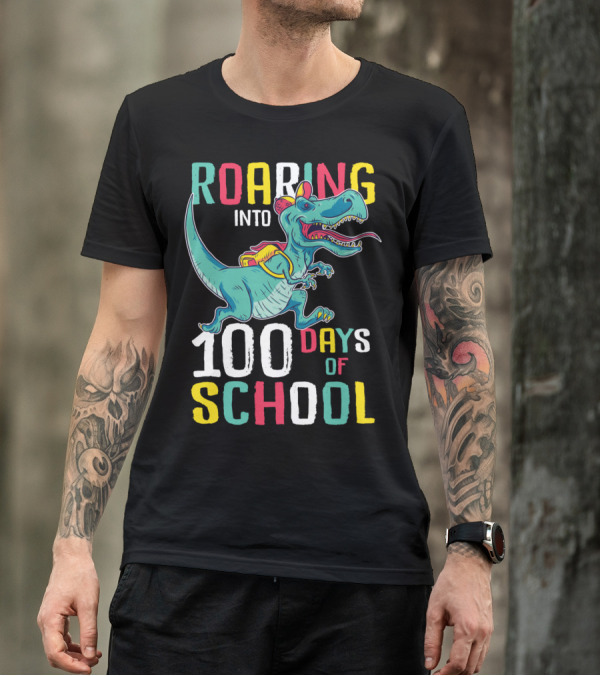 Roaring Into 100 Days Of School Dinosaur Trex With Backpack And Cap T-Shirt