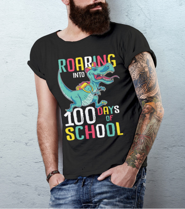 Roaring Into 100 Days Of School Dinosaur Trex With Backpack And Cap T-Shirt