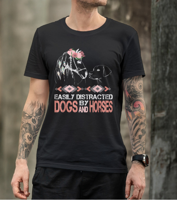 Easily Distracted By Dogs And Horses Horse With Flowers And Feathers T-Shirt
