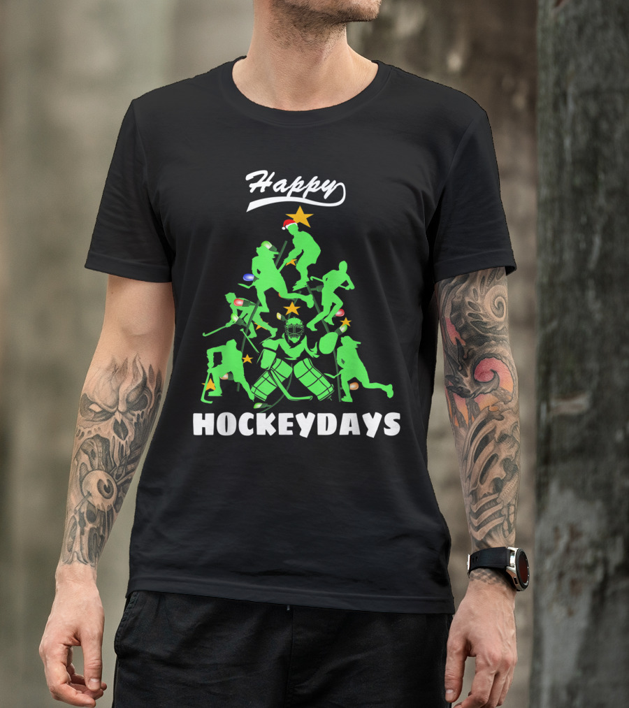 Happy Hockeydays Funny Ice Hockey Xmas Tree T-Shirt