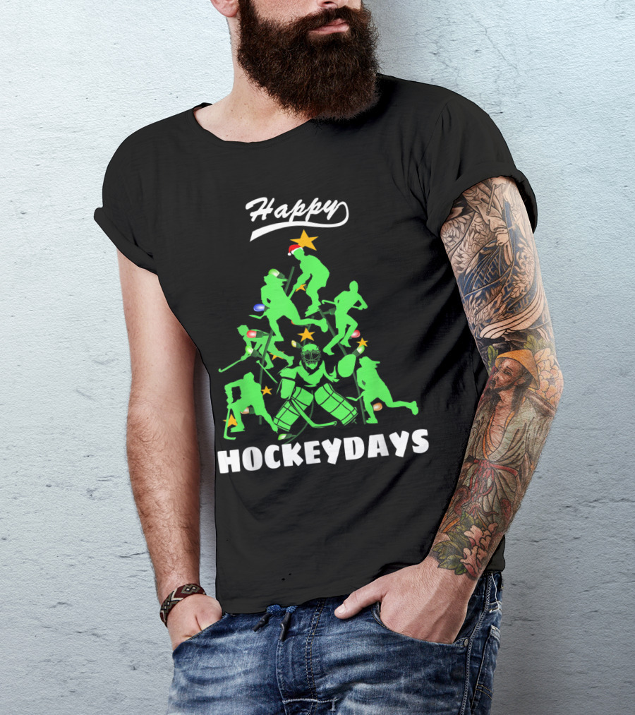 Happy Hockeydays Funny Ice Hockey Xmas Tree T-Shirt