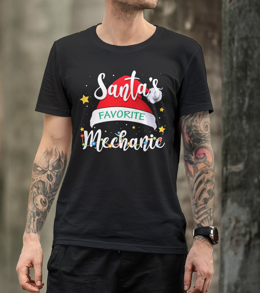 Santa's Favorite Mechanic Christmas Costume With Santa Hat And Holiday Lights T-Shirt