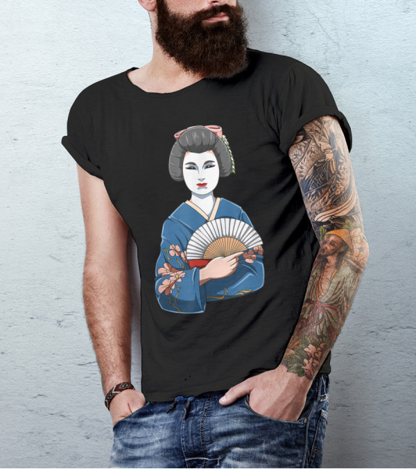 Geisha Girl Traditional Japanese Kimono Fan Blossoms T-Shirt