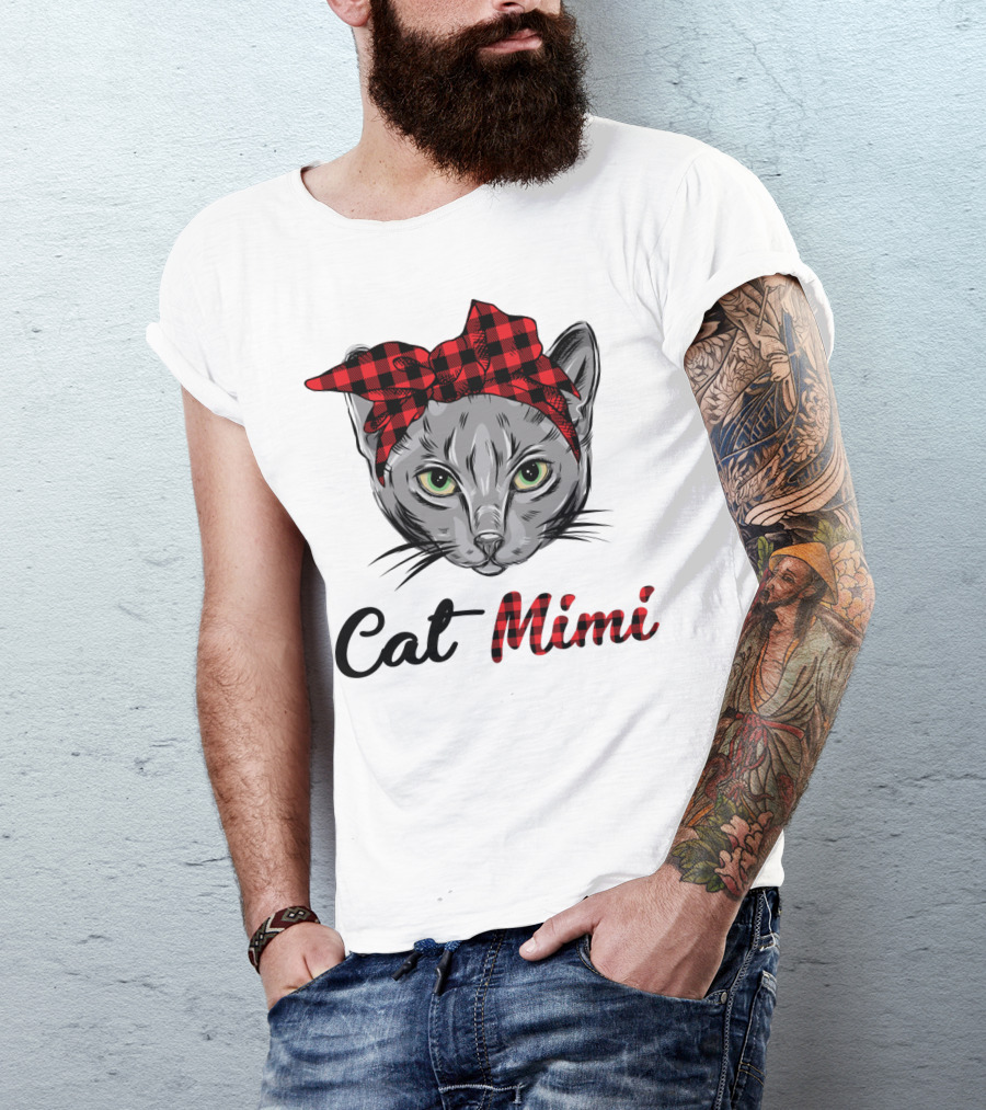 Grandma Pet Outfit Cat Mimi Buffalo Plaid Headband T-Shirt