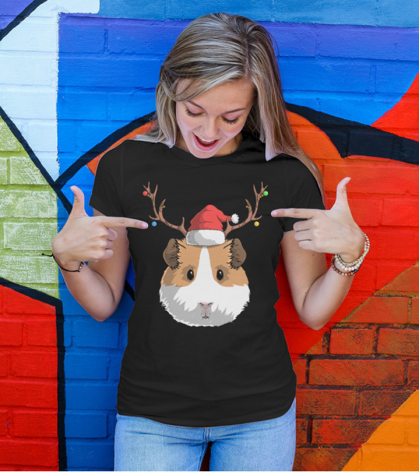 Santa Claus Hat Guinea Pig Reindeer Christmas Holiday T-Shirt