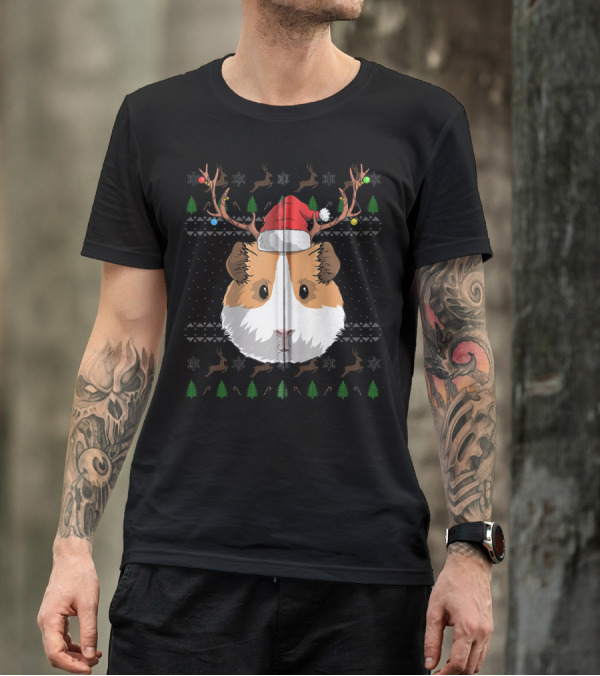 Guinea Pig Santa Claus Hat Reindeer Antlers Christmas Trees And Snowflakes T-Shirt