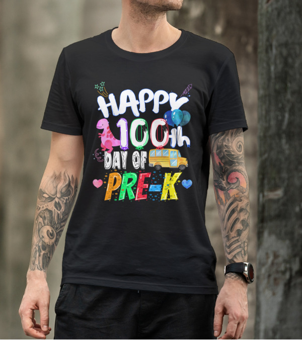 Happy 100th Day Of Pre-K Dinosaur Balloons School Bus T-Shirt