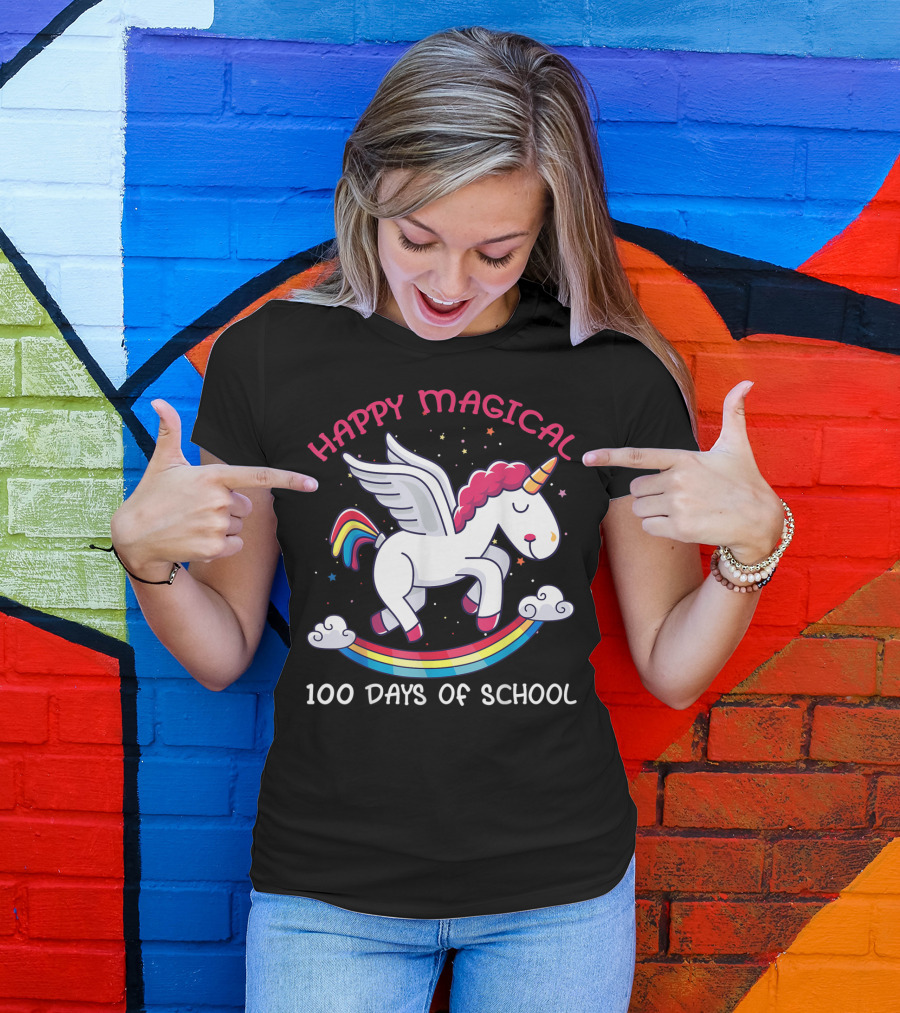 Happy Magical Unicorn Celebrating 100 Days Of School Fantasy 100th Milestone T-Shirt