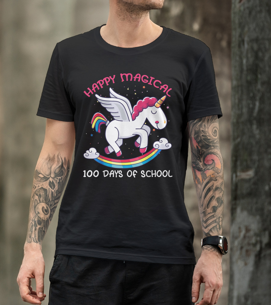 Happy Magical Unicorn Celebrating 100 Days Of School Fantasy 100th Milestone T-Shirt