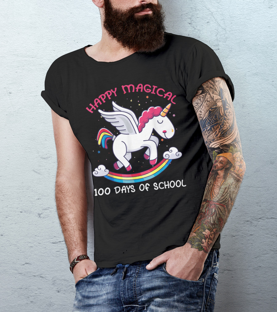 Happy Magical Unicorn Celebrating 100 Days Of School Fantasy 100th Milestone T-Shirt