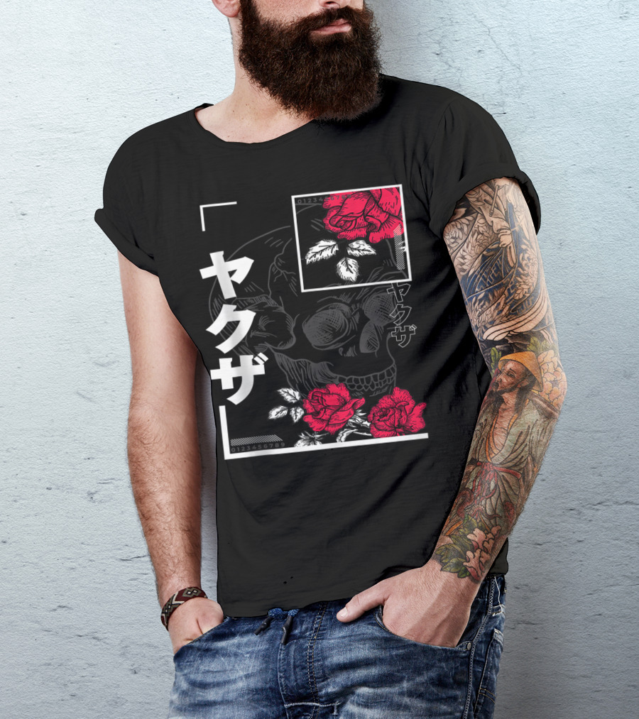 Urban Yakuza Skull And Red Roses T-Shirt