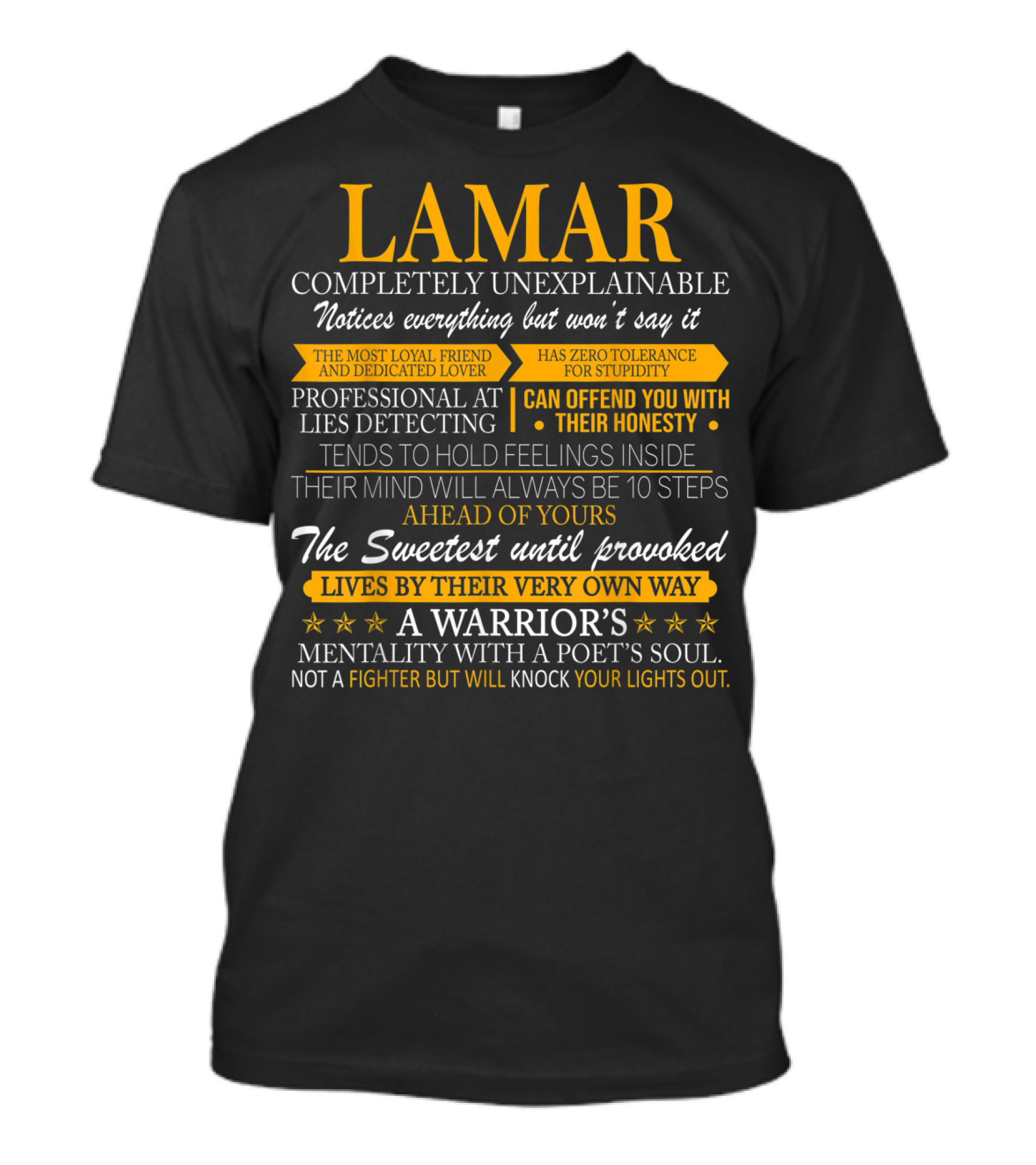 Lamar Completely Unexplainable Notice Everything Professional At Lies Detecting Sweetest Until Provoked Warrior's Mentality Poet's Soul T-Shirt