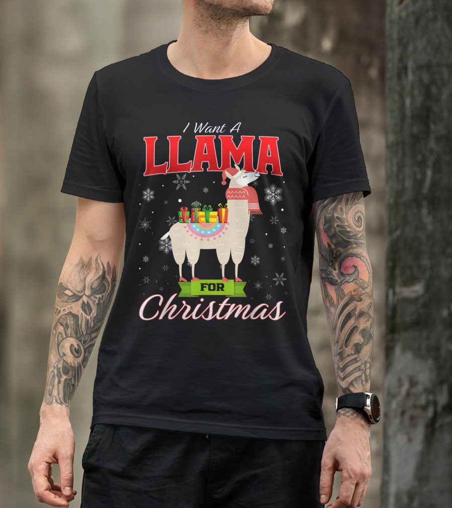 I Want A Llama For Christmas Santa Hat Snowflakes T-Shirt