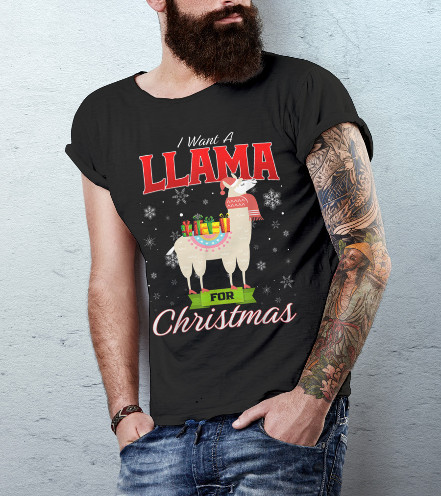 I Want A Llama For Christmas Santa Hat Snowflakes T-Shirt